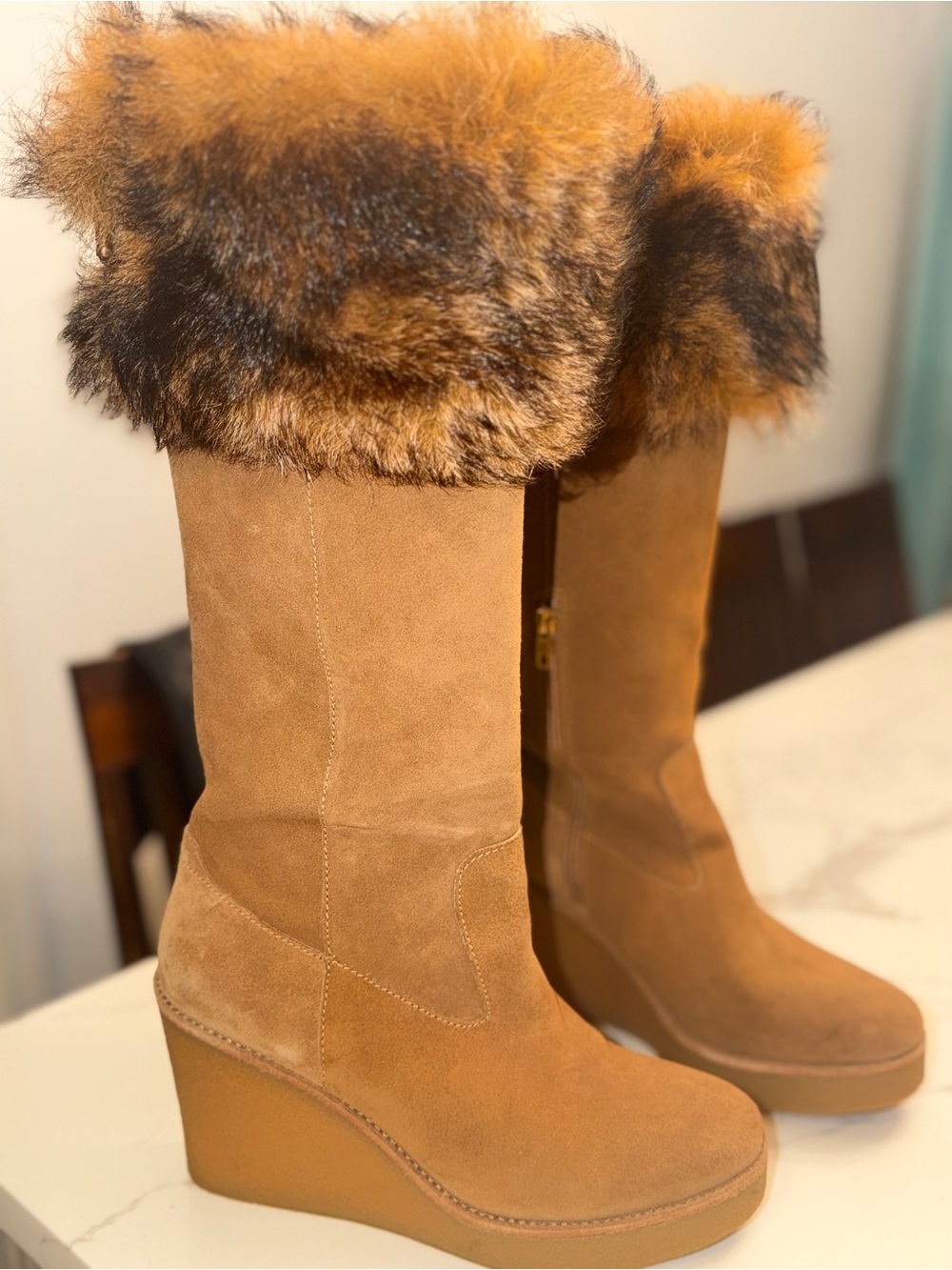 UGG Chestnut Suede Wedge Boots with Faux-Fur Trim